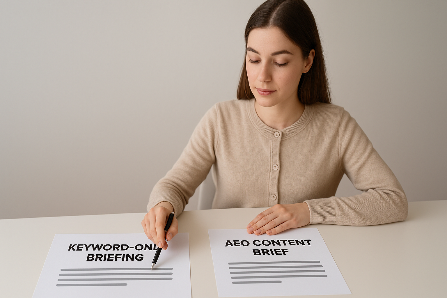 Woman compares documents labeled Keyword-Only Briefing and AEO Content Brief, highlighting a more structured approach to content planning.